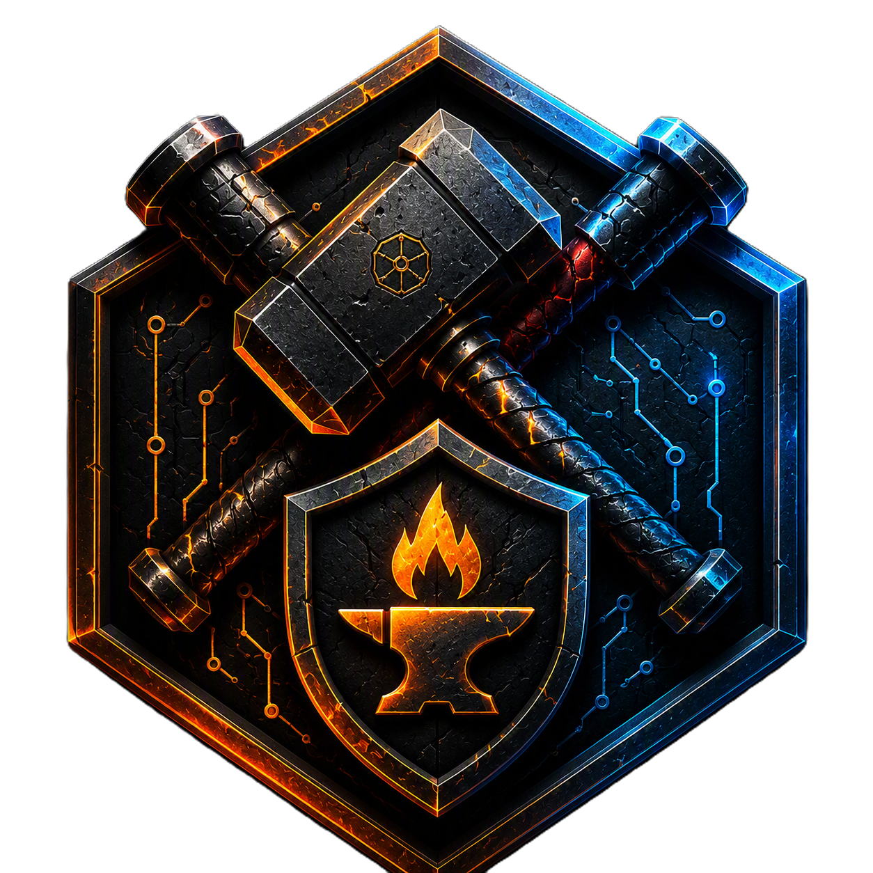 Forge emblem showing a hammer, shield, anvil flame, and circuit patterns.